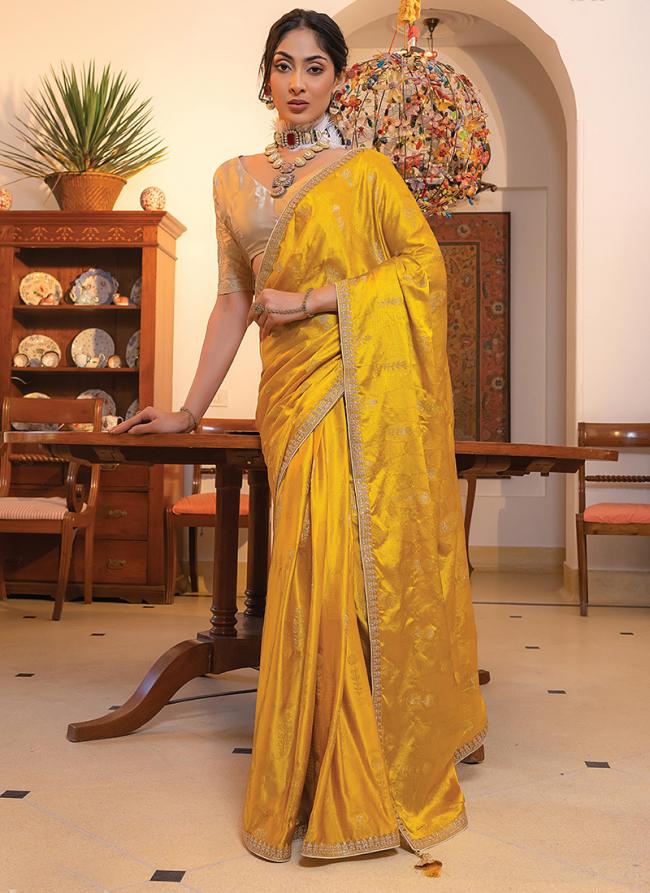 Viscose Sattin Yellow Party Wear Embroidery Work Saree